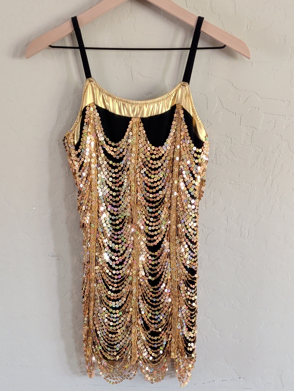 Gold Sequin Draped Slip Dress - Black & Gold